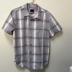 Prana Men's Casual Gray and White Plaid Shirt